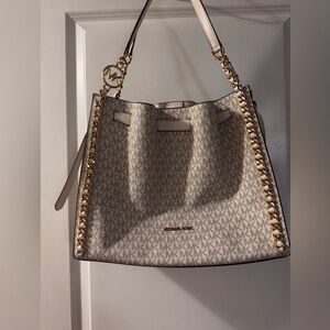 Michael Kors Mina Large Cream Logo Tote with Gold Chain Trim